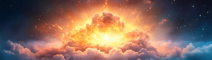 Wall Mural - A bright orange cloud with a bright yellow sun in the middle. The sky is filled with clouds and stars