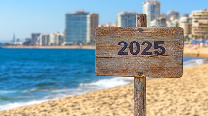 A wooden sign on the beach that reads 2025.