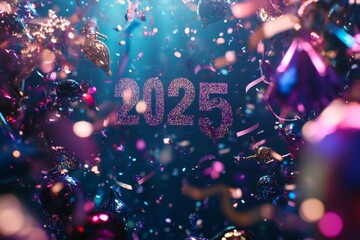 A colorful background with confetti showcasing the new year of 2025.