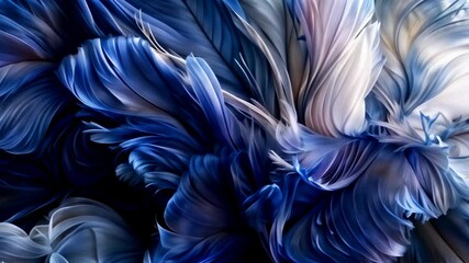 Wall Mural - Abstract feathers in deep blue and soft white hues creating a dynamic flow of textures and shapes, evoking a sense of movement and depth