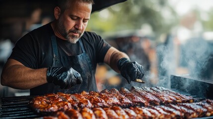 A man is cooking meat on a grill