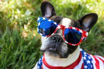 dog red sunglass usa flag in neck blur background outdoor a memorial day military veterans and patriotism concept