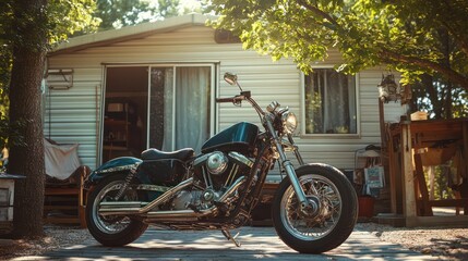 A motorcycle is parked in front of a white house.