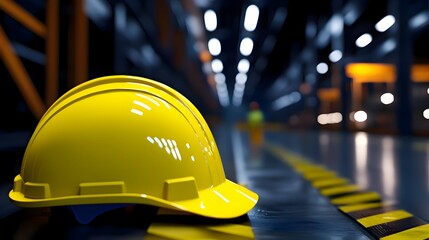 Wall Mural - Yellow Hard Hat on Industrial Worksite with Blurred Background