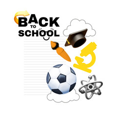 Back to School halftone design template with graduate hat, soccer ball, microscope, art brush and atom.