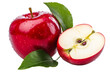 © Denis - Healthy red shiny apple half with green leaves isolated on transparent background.