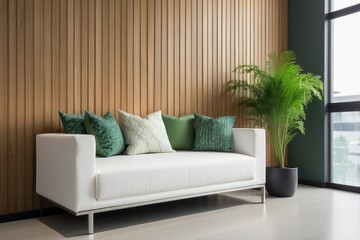 Wall Mural - White Sofa with Green Pillows and Plant Against Wood Panel Wall