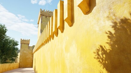 Wall Mural - 3D rendering of a closeup view of a yellow wall at a historic castle site