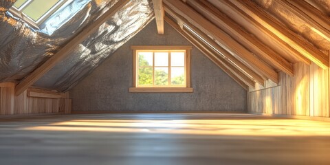 Wall Mural - 3D rendering of an unfinished loft conversion project featuring silver insulation roof windows and a wooden wall structure with selective focus