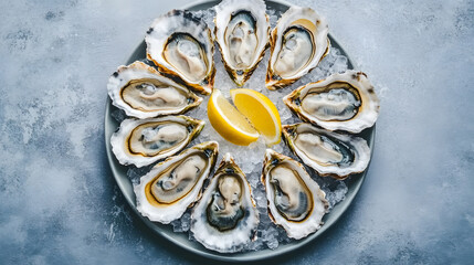 A plate of fresh oysters served on ice with lemon wedges