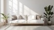 © ArtificialHorizons - Minimalist white living room featuring a sofa in Scandinavian style 3D rendering
