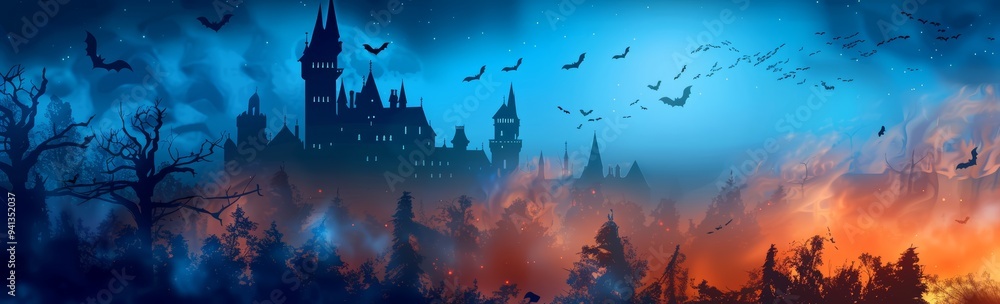 Haunted Halloween landscape. Abstract colorful background wallpaper. Spooky castle or house at full moon at night. Bats in the sky over a dark forest. Happy Halloween!
