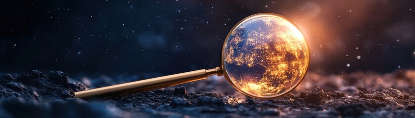 A captivating magnifying glass reveals a glowing planet, symbolizing exploration and discovery in a mystical universe.