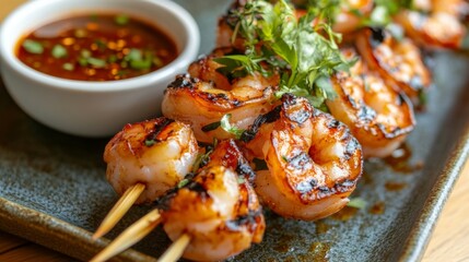 A detailed shot of grilled shrimp on a skewer, with a side of dipping sauce and a fresh garnish, showcasing the juicy and flavorful nature of the dish.