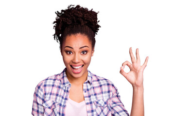 Sticker - Close-up portrait of nice charming cute attractive lovely cheerful cheery optimistic wavy-haired girl in checked shirt showing ok-sign good mood ad advert isolated over violet purple pastel background