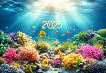 Wall Mural - An underwater rendering of the word '2025' with colorful fish and coral reefs and beams of sunlight touching the surface of the water., AI.