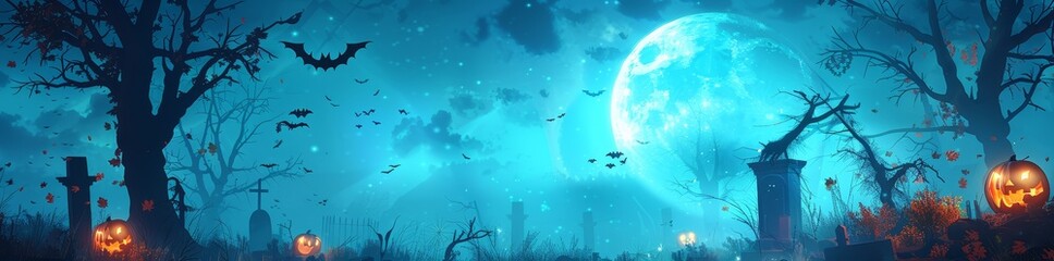 Wall Mural - Dark, haunted Halloween forest landscape with bats in the sky at full moon at night. Spooky Halloween wallpaper background illustration.	