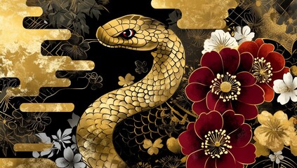 Snake and Lantern - 2025 China New Year symbol poster with a grace snake coiled around traditional elements - flowers. Graphic art illustration. Asian holiday poster, with blank space.