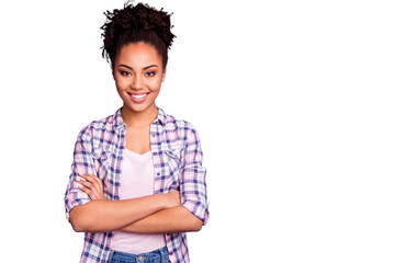 Wall Mural - Portrait of her she nice-looking charming cute winsome attractive lovely cheerful cheery wavy-haired girl wearing checked shirt isolated over violet purple pastel background