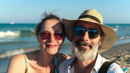 Poster - A couple enjoying a sunny beach day, smiling at the camera with ocean waves in the background.