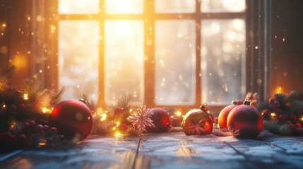 Wall Mural - A cozy Christmas scene with decorations, glowing lights, and a warm window glow, evoking holiday cheer and festive spirit.