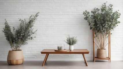 Wall Mural - Two Plants in Baskets on a Wooden Stand and Table Against a White Brick Wall