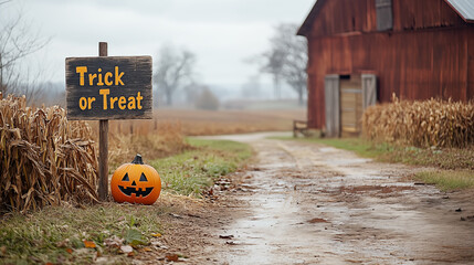 Wall Mural - Halloween pumpkin and sign with text Trick or Treat in front of a farm