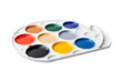 © All in Stock - Colorful paint palette with vibrant hues, isolated on a transparent or white background.