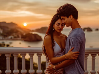 Sticker - A couple is hugging on a balcony overlooking the ocean. The woman is wearing a white dress and the man is wearing a blue shirt. The sun is setting in the background, creating a romantic atmosphere