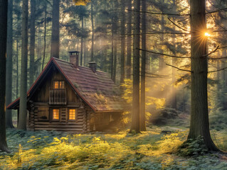 Wall Mural - A small cabin in the woods with a red roof and a window. The sun is shining on the cabin, creating a warm and inviting atmosphere