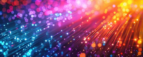 Wall Mural - Optic cables in vibrant rainbow colors, glowing bokeh lights. Free copy space for text.