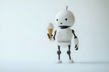 Futuristic humanoid robot holding an ice cream cone, gazing at it with curiosity, symbolizing the blend of technology with human experiences.