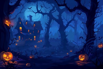 Scary Halloween landscape. Dark forest at night with a haunted house and spooky pumpkins. Halloween season, lonely house or castle, horror concept. Bats in the sky at full moon.