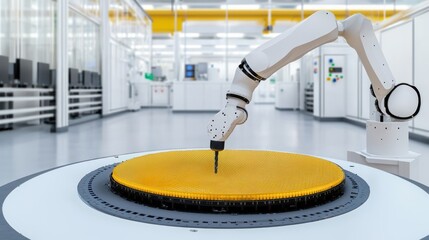 robotic arm drilling into two large wafers in an industrial factory setting, highlighting precision 