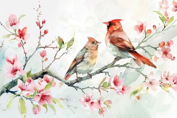 Wall Mural - A pair of birds perched on a tree branch, serene and peaceful