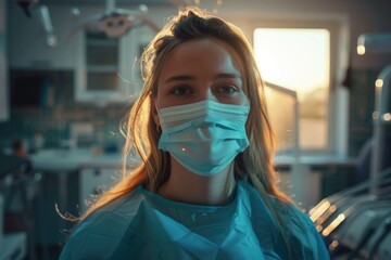 A woman wearing a surgical mask in an indoor setting