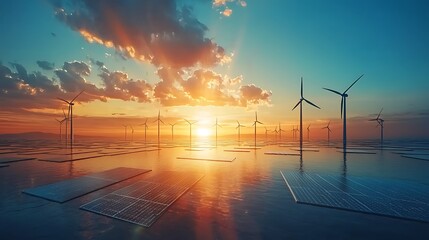 Wall Mural - Wind turbines and solar panels catching the last light of day.