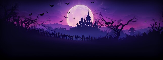 Dark Halloween landscape with a haunted castle and bats in the sky at full moon at night. Halloween wallpaper background illustration in purple and black. 