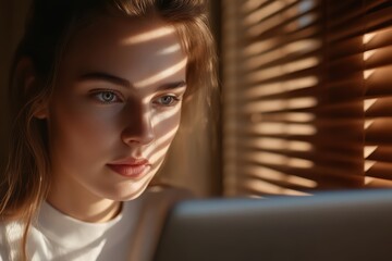 A thoughtful woman gazes at her laptop, illuminated by soft light filtering through blinds, creating a serene atmosphere.