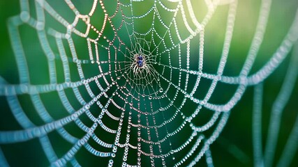 footage A close-up of a spider web adorned with dew drops, showcasing intricate patterns and nature's beauty.