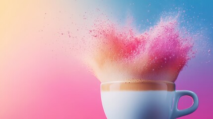 A vibrant explosion of colorful powder emerges from a white cup against a gradient background, showcasing artful creativity.