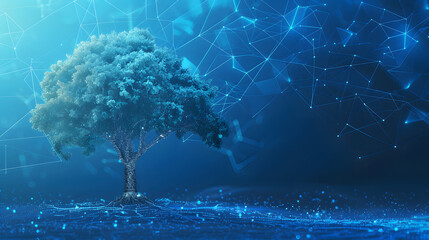 concept of network connection technology or big data, blue cyber polygon tree with futuristic element