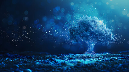 concept of network connection technology or big data, blue cyber polygon tree with futuristic element