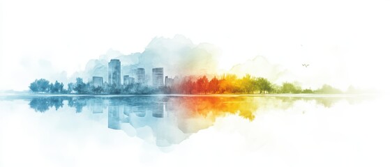 A vibrant watercolor skyline reflecting in tranquil waters, showcasing a beautiful cityscape with colorful hues.