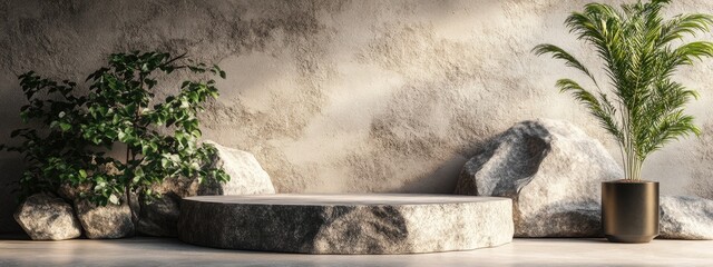 Aufkleber - 3D rendering of a rock platform podium featuring a plant for product display background