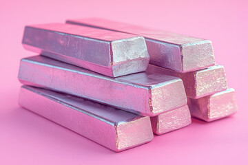 Poster - A stack of aluminum bars, isolated on a pastel pink background, representing the metal derived from bauxite ore,