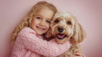 A cheerful little girl with curly blonde hair embraces her playful dog, both radiating happiness in front of a soft pink background.