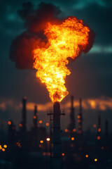 Leinwandbilder - A gas flare at an oil refinery, isolated on a pastel green background, symbolizing the release of excess natural gas,