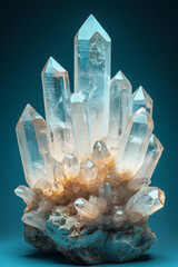 Fototapete - A cluster of quartz crystals, isolated on a pastel blue background, representing the minerals associated with fossil formations,