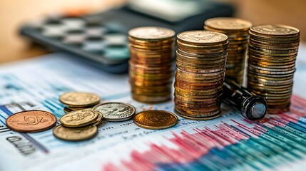 Stacks of coins standing tall on a financial report, accompanied by a calculator.